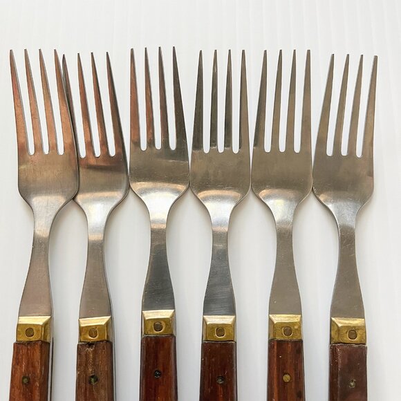 Vintage France Stainless Dinner Forks with Wood Brass Handle Set of 6 MCM - Picture 3 of 6